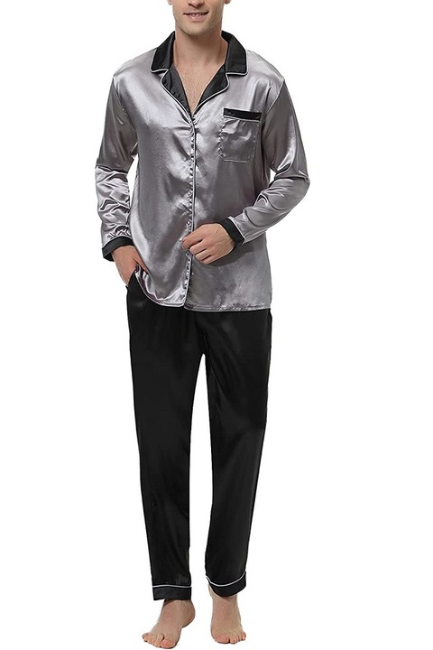 Férfi szatén pizsama szürke-fekete 3XL méretben