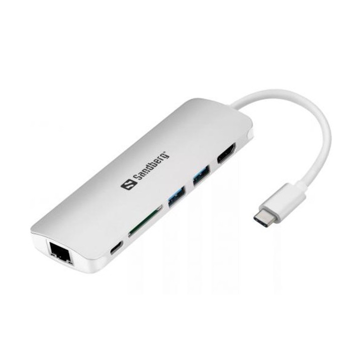 Többportos adapter USB-C - HDMI, LAN, SD, USB, Sandberg 136-18, 61 W