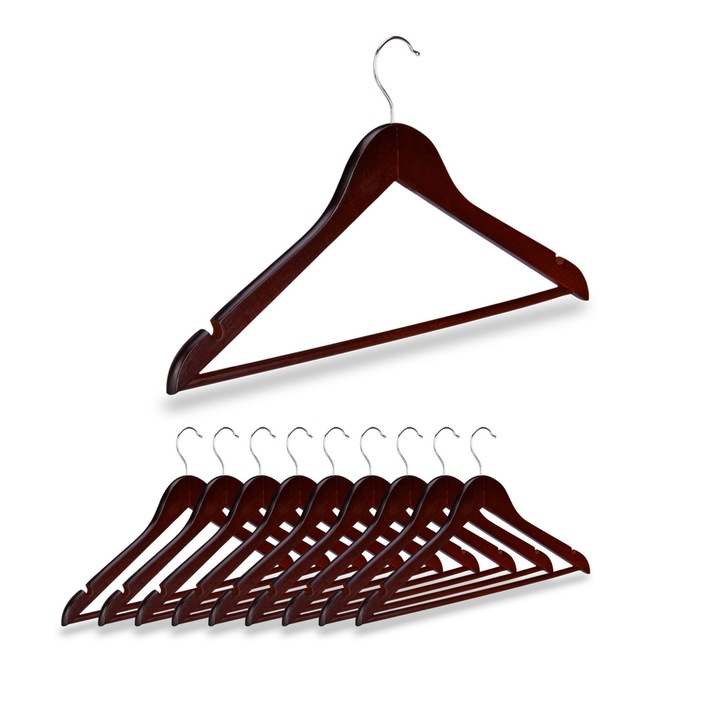 Set 10 umerase cu suport pentru pantaloni, lemn, maro, Relaxdays