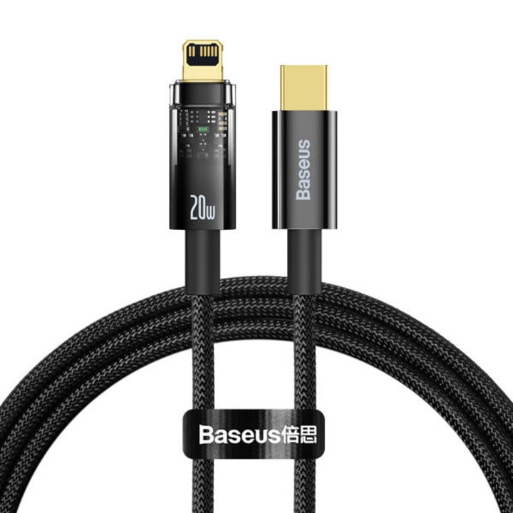 Baseus Explorer USB Type-C - Lightning töltő- és adatkábel, automatikus kikapcsolással, 20W, 1m, fek