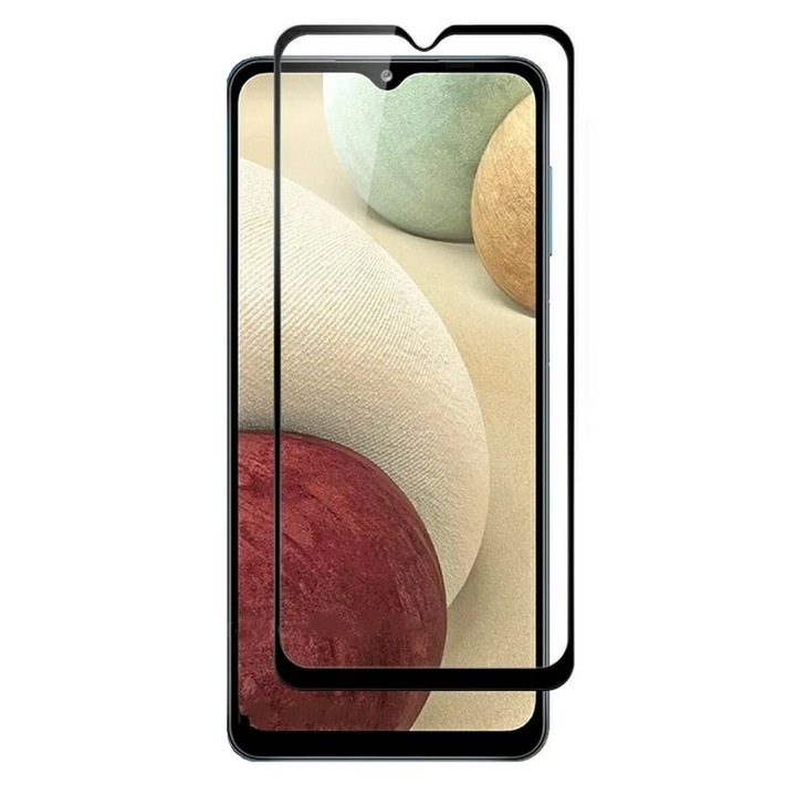 5D edzett üveg teljes ragasztós fekete üvegfólia, teljes lefedés Samsung Galaxy A12 / M12 készülékhez