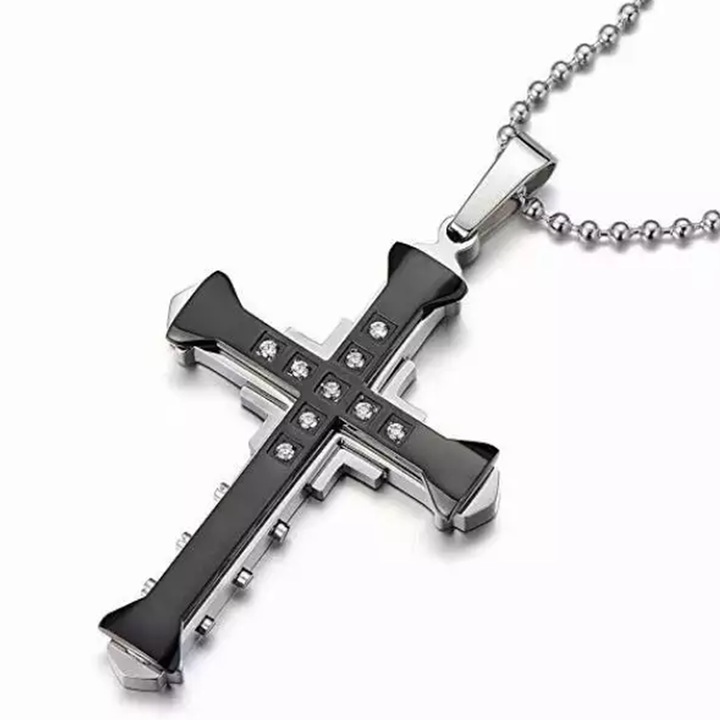 Lánc kereszt medállal, fekete féldrágakristályokkal, unisex, EFAYN