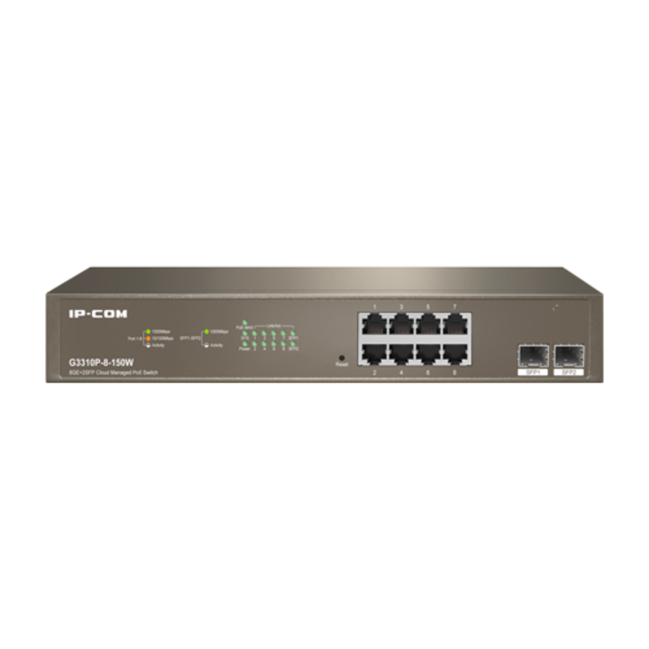Switch 8 porturi PoE Gigabit, 2 porturi SFP Gigabit, Cloud Management - IP-COM G3310P-8-150W