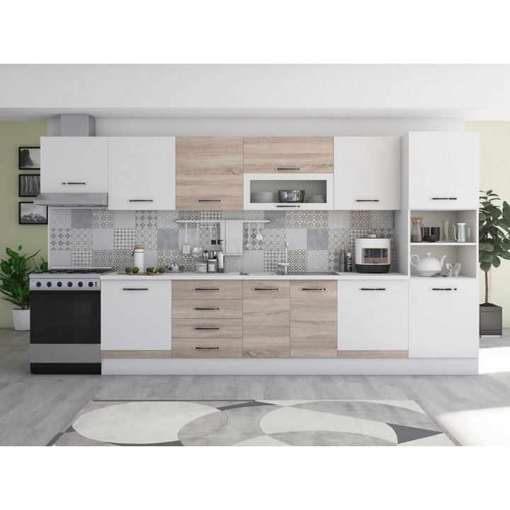 Bucatarie Alfa 380, sonoma/alb, blat termic alb, corp hota, soldat