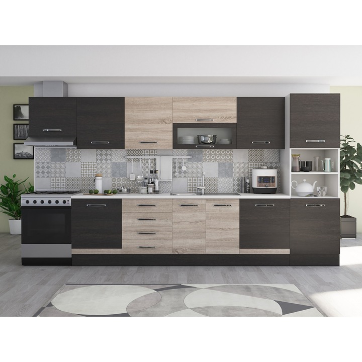 Bucatarie Alfa 380, wenge/sonoma, blat termic alb, corp hota, soldat