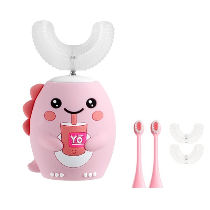 Gyermek elektromos fogkefe, szilikon, U alakú, IPX7, rózsaszín