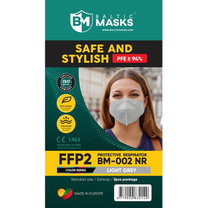 Комплект от 10 респираторни защитни маски, FFP2, BM BALTIC MASKS, BM-002, светло сиво