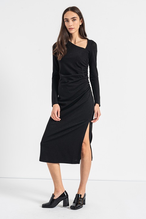 Marella, Rochie din jerseu cu aspect stralucitor si detalii drapate Ionico, Negru, S