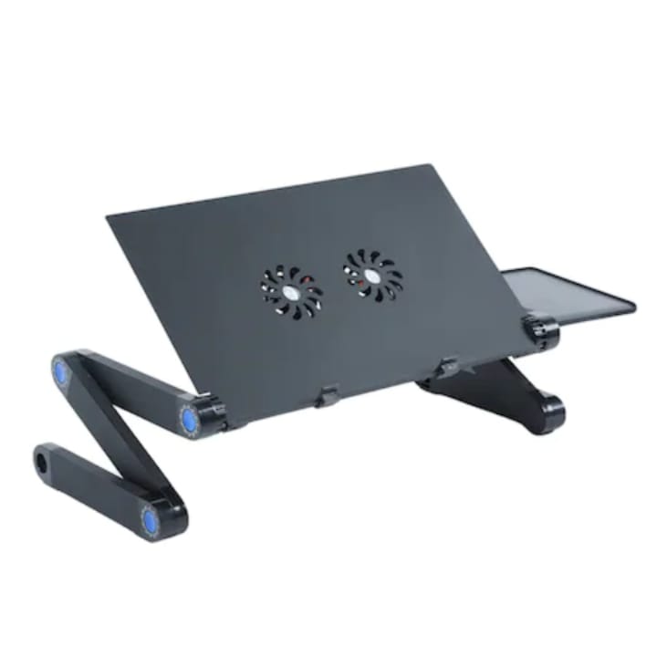 Masa laptop reglabila, eSimplu®, din aluminiu, sistem dublu de ventilare, suport mouse, 41 x 26 cm