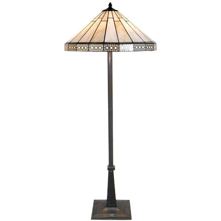 Lampadar cu baza din polirasina maro si abajur sticla bej Tiffany 50x164 cm