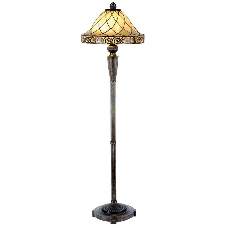 Lampadar cu baza din polirasina maro si abajur sticla Tiffany 46x168 cm