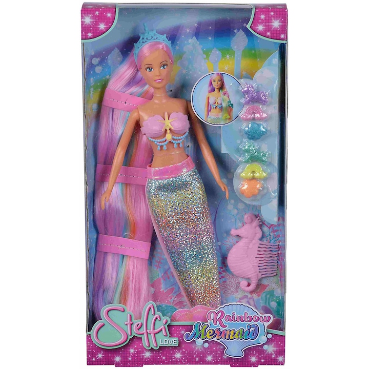 Steffi Love - Sellő barbie baba szivárványszínű extra hosszú hajjal