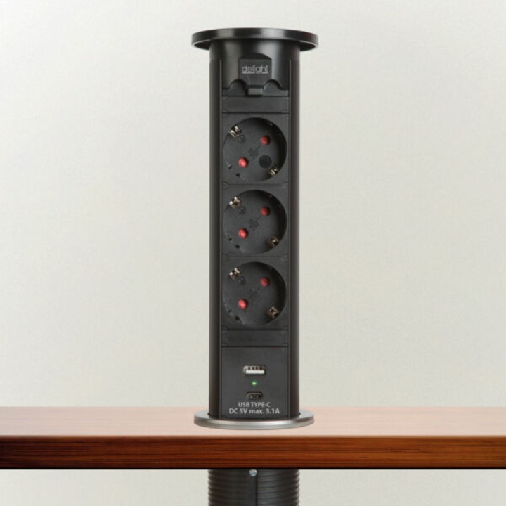 Моторизиран скрит удължител, 3 + 2 USB, Черен