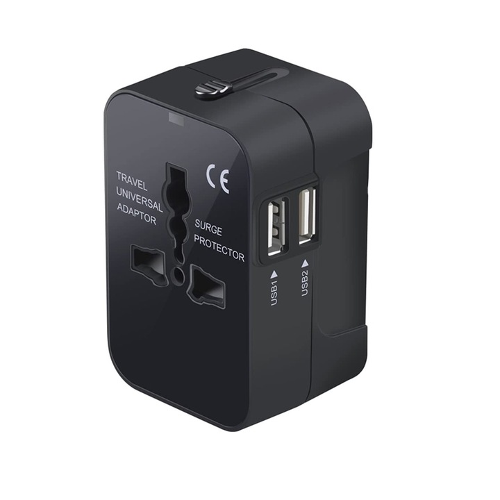 Адаптер за пътуване, ABS, USB/US/EU/UK, черен - eMAG.bg