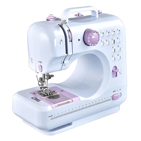 Masina de cusut K1127 SIKS, 12 tipuri de cusaturi, 2 viteze, Lumina LED, Pedala, Alimentare Priza sau Baterii, Accesorii Incluse, Alb/Roz