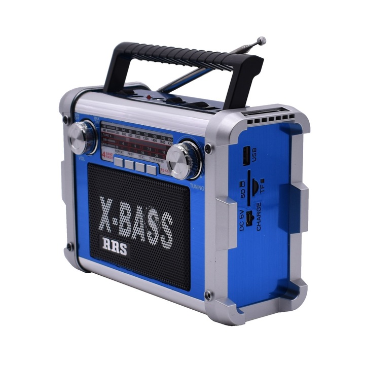 Radio Portabil Cu Acumulator, Mp3, Bluetooth, TF/ SD/ USB, FM, AM, SW1, SW2, AUX, Lanterna, Albastru – RS-615BT