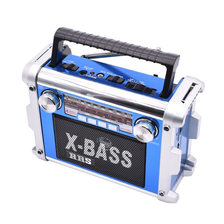 Radio Portabil Cu Acumulator, Mp3, Bluetooth, TF/ SD/ USB, FM, AM, SW1, SW2, AUX, Lanterna, Albastru – RS-615BT
