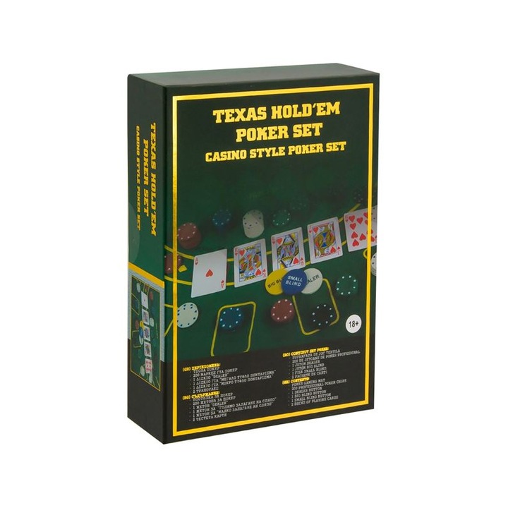 Texas Hold'em pókerkészlet, szőnyeg, zsetonok, kártyák, 18 év felett, műanyag, többszínű