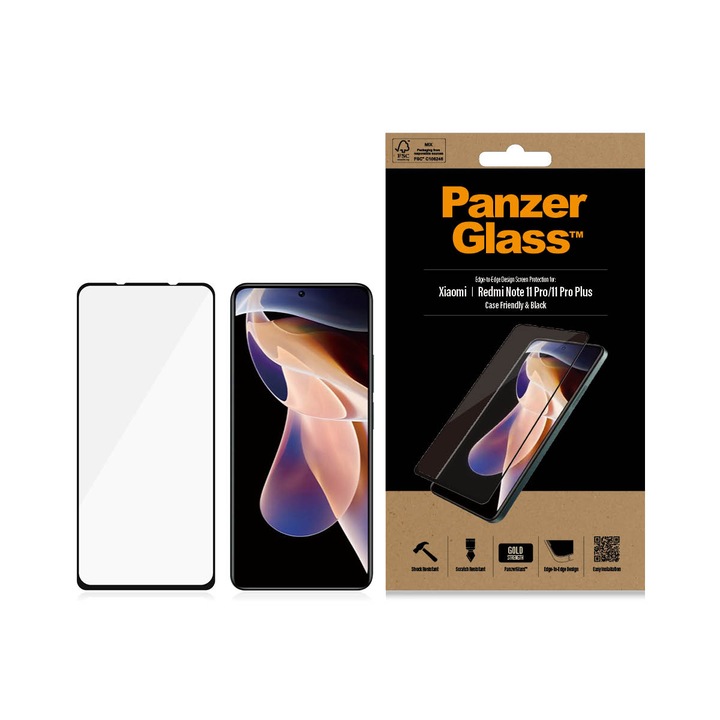 Стъклен протектор PanzerGlass за Xiaomi Redmi Note 11 Pro, Note 11 Pro Plus, CaseFriendly, Черен