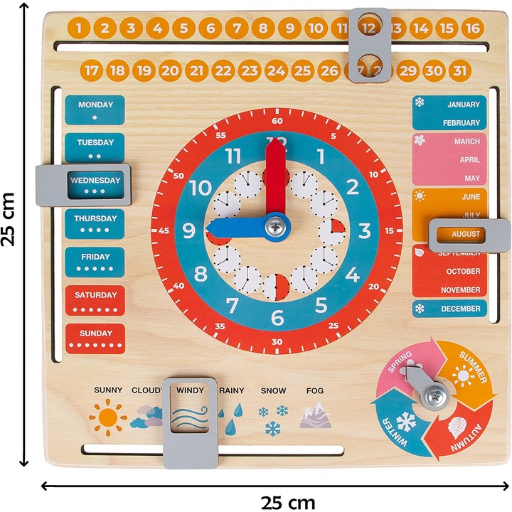Jucarie educativa, ceas calendar pentru copii, din lemn