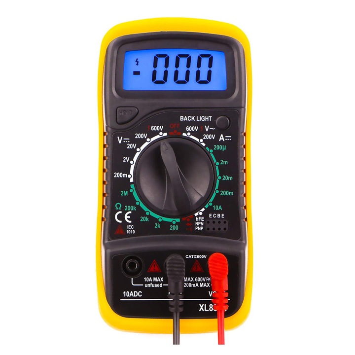 Multimetru digital XL830L, picior sustinere, DC/AC, Tranzistor, OHM, Diode test, Data hold, negru-galben Test tranzistori
