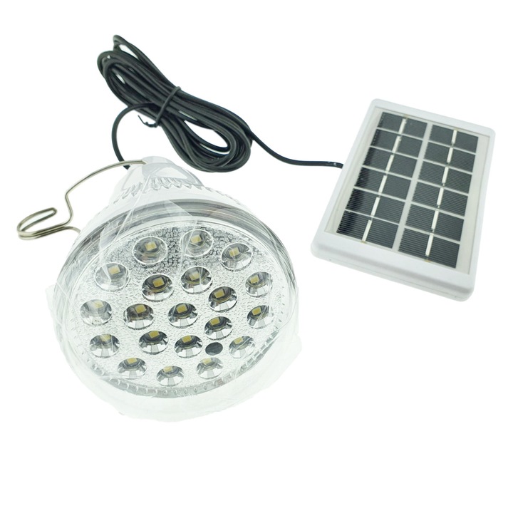 LED лампа с подвижен соларен панел, GR-020, кука, дължина на кабела 2.6m, бутон за управление, бял