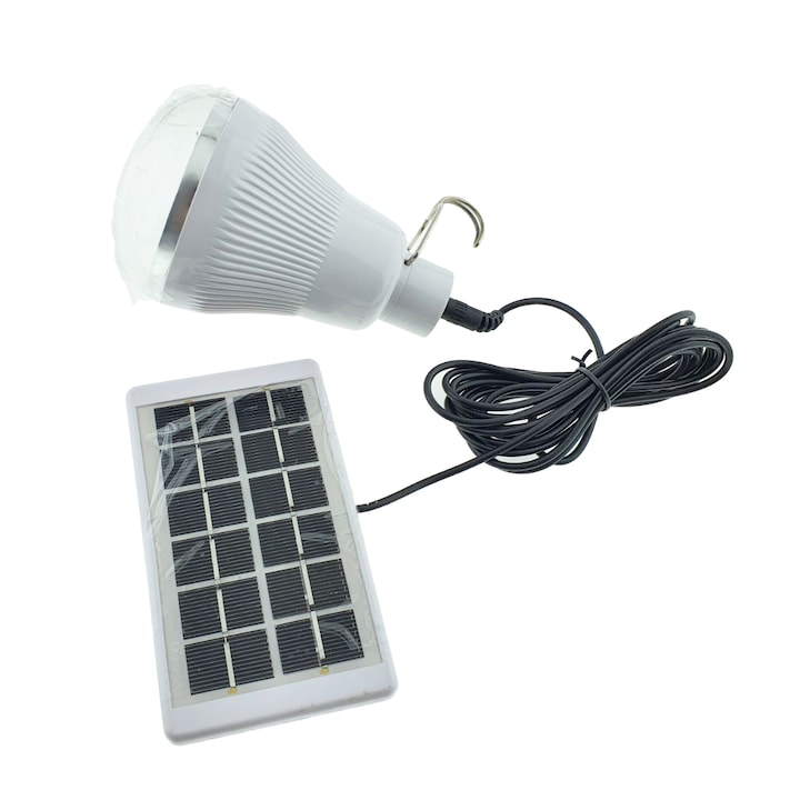 Lampa LED cu panou solar detasabil, GR-020, carlig de prindere, lungime cablu 2.6m, buton control, alb