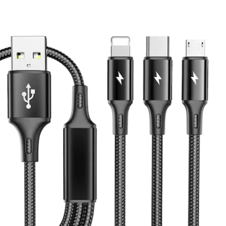 Cablu de date 3n1, Gyhhxlh, USB-C/USB/Lightning/MicroUSB, Negru