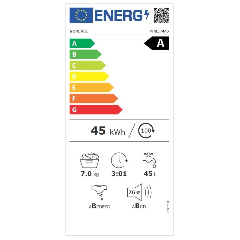 Masina de spalat rufe cu incarcare frontala Gorenje WNEI74AS, 7 kg, clasa energetica A, 1400 rpm, SoftSound, alb