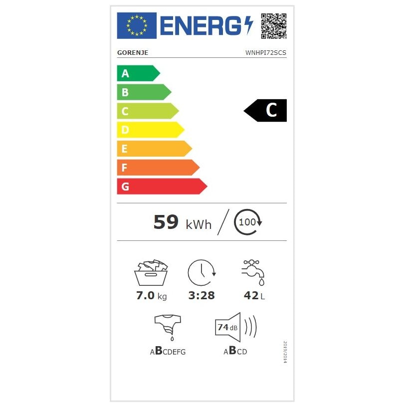 Masina de spalat rufe subtire cu incarcare frontala Gorenje WNHPI72SCS, clasa energetica C, 7 kg, Eco, 1200 rpm, alb