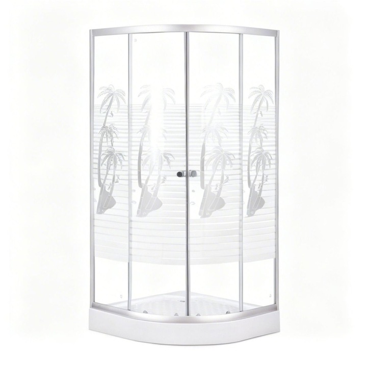 Cabina De Dus Simpla Semirotunda Porto, Sticla Serigrafiata 4 Mm Model Palmieri, 90X90X195 Cm, Profil Argintiu, Cadita Joasa Si Sifon Incluse