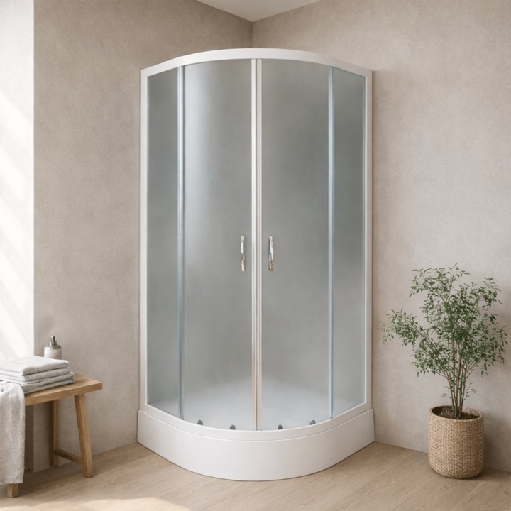 Cabina De Dus Simpla Semirotunda Alfa, Sticla Mata 4 Mm, 80X80X195 Cm, Profil Argintiu, Cadita Joasa Si Sifon Incluse