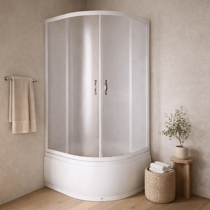 Cabina De Dus Simpla Semirotunda Beta, Sticla Mata 4 Mm, 90X90X200 Cm, Profil Argintiu, Cadita Inalta Si Sifon Incluse