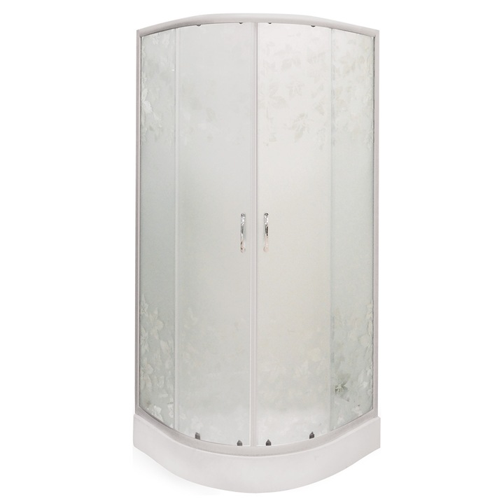 Cabina De Dus Simpla Semirotunda Venus, Sticla Serigrafiata 4 Mm Model Floral, 90X90X195 Cm, Profil Argintiu, Cadita Joasa Si Sifon Incluse