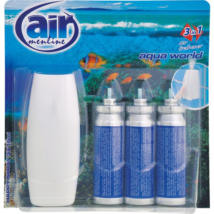 Odorizante AIR menline happy spray cu aparat, 3x15ml, Aqua world