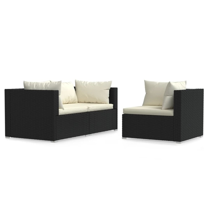 vidaXL 3 részes fekete polyrattan kerti ülőgarnitúra párnákkal 70 x 70 x 60,5 cm 25.1 kg