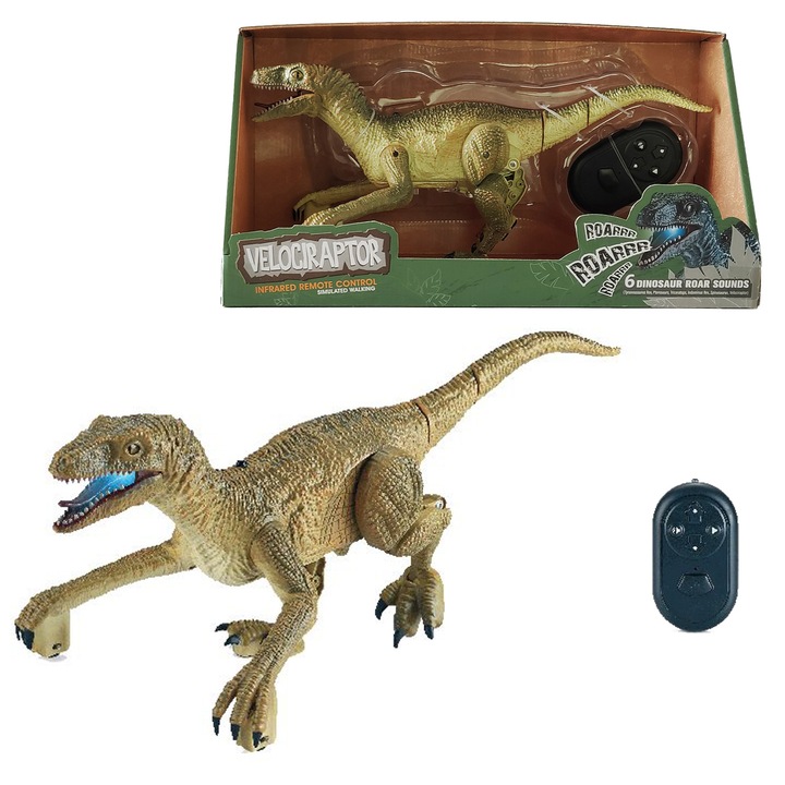 Фигурка Chippo Велосираптор с инфра-червен радио контрол 370512, Със светлинни и 6 звукови ефекта, Демо режим, 38см, Кафяв