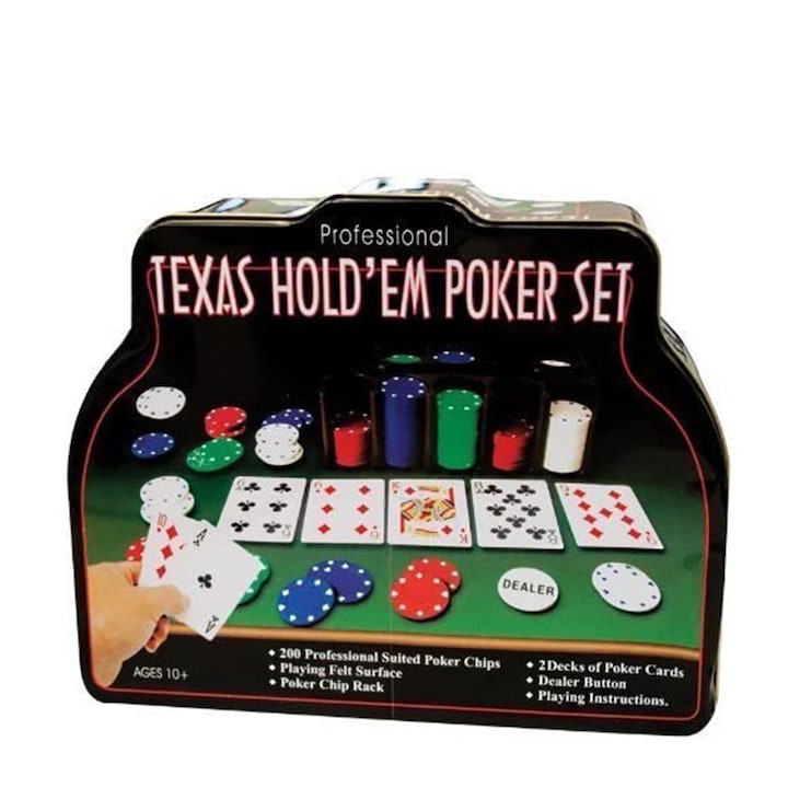 Комплект за покер Texas Hold'em, 200 чипа, 2 тестета карти, подложка за игрална маса, чипове на дилъра голям и малък блинд
