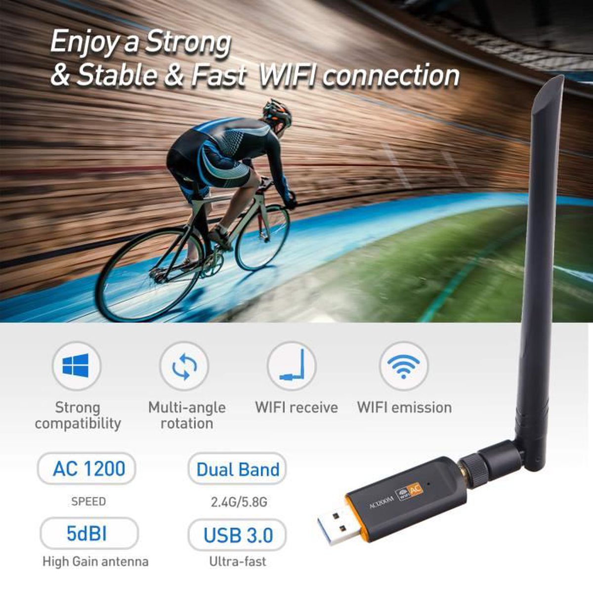 WiFi адаптер, Двулентов, Безжичен, USB 3.0, 1200Mbps, 2.4/5 Ghz, Черен ...