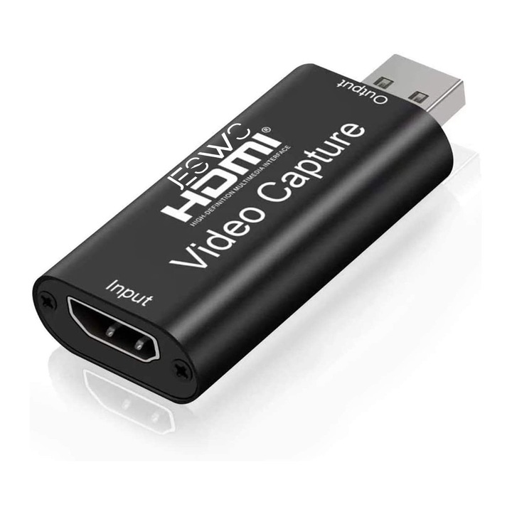 Placa de captura video, JESWO®, input HDMI 4K 30Hz la output USB 2.0 1080P@30Hz, Pentru inregistrare gaming/ predare/ conferinta, Negru