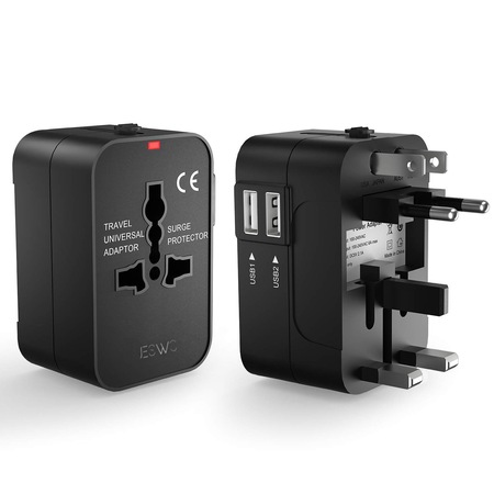 Adaptor universal priza, Policarbonat, JESWO, Europa/SUA/UK/Australia, USB, Negru