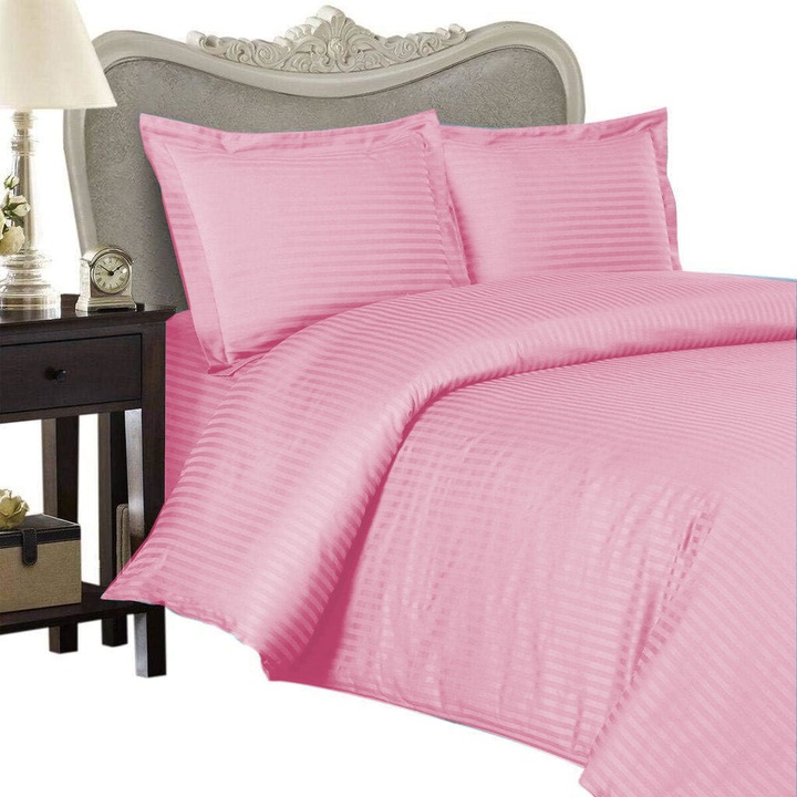 Lenjerie de pat o persoana Damasc Policoton dunga 1 cm, 3 piese, cearsaf pat 160x230 cm, cearsaf pilota 140x220 cm, fata perna 50x70 cm Roz Bonbon