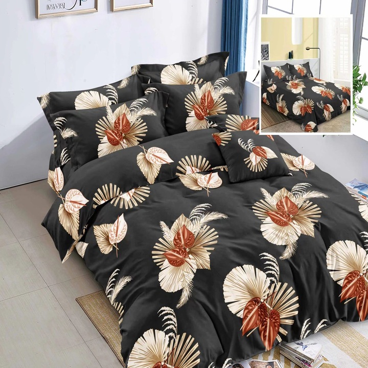 Спално спално бельо от фино двойно памучно бельо 6 части 220 x 240 см, Elegant, Beige Black, Ralex Pucioasa M256