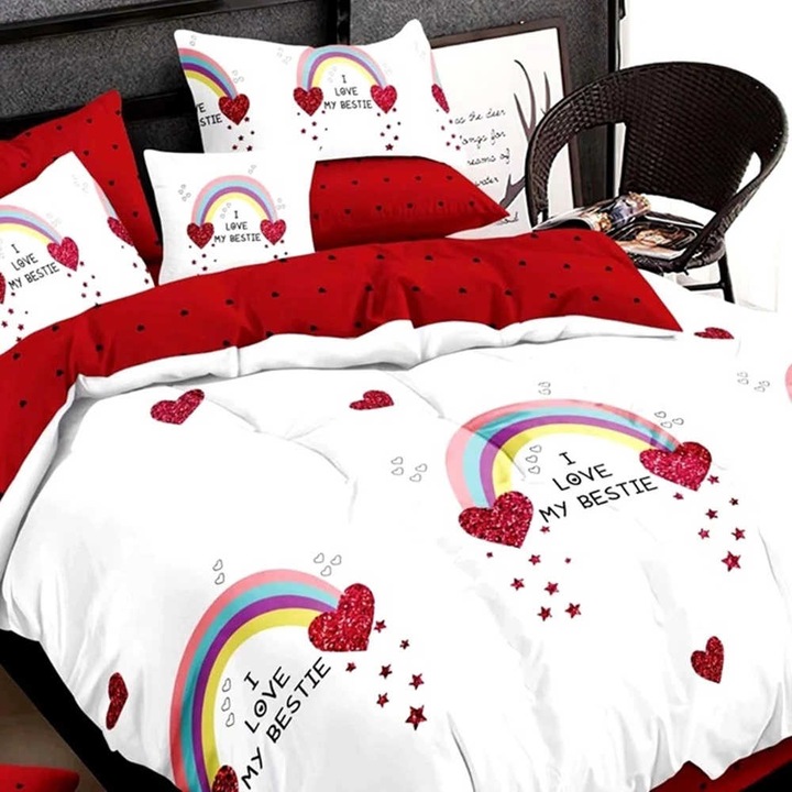 Спално бельо фино двойно памучно бельо 6 части с ластик при чаршафа 180 х 200 см, Rainbow, Red White, Ralex Pucioasa HF6P75