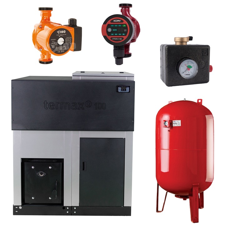Pachet centrala cu peleti Termax ECO GRI 70 kW, vas expansiune 80 litri, pompe de recirculare, grup de siguranta Herz