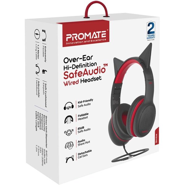 Casti Pentru Copii PROMATE Simba, Cu fir, On-ear, Negru-Rosu