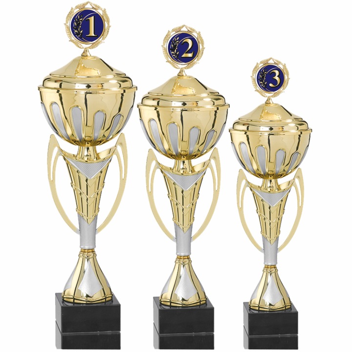 Set 3 Cupe cu Capac Podium, Locul 1, 2, 3, Metal, Plastic, Marmura, 49, 46, 40 cm