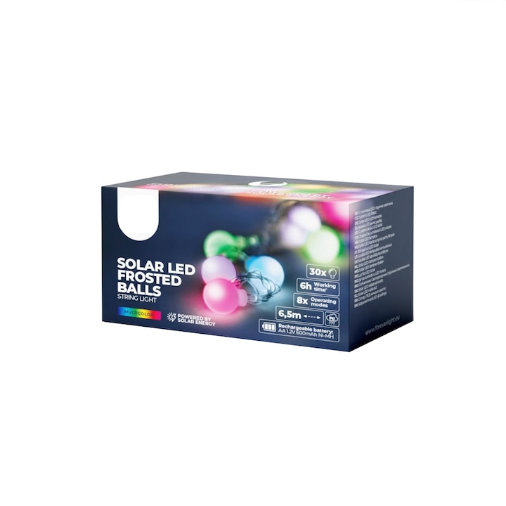 Светещ гирлянд, 6.5 м, 30 броя Frost LED крушки, 230 V, За употреба на открито и закрито, Соларно зареждане, Батерия, TLF-BBL5552, Многоцветен