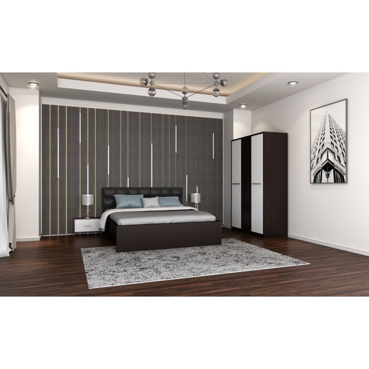Set Dormitor Hera, cu Pat Tablie Tapitata Negru 160x200 cm, Dulap, 2 Noptiere, Culoare Alb / Wenge