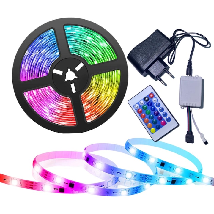 Kit banda led RGB cu telecomanda, 5m, 270 de leduri, rezistent la apa Multicolor